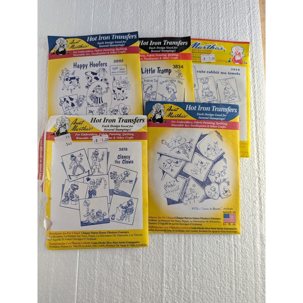 Aunt Martha's Hot Iron Transfers Lot 5 Patterns Animals Clowns Rabbits Vintage